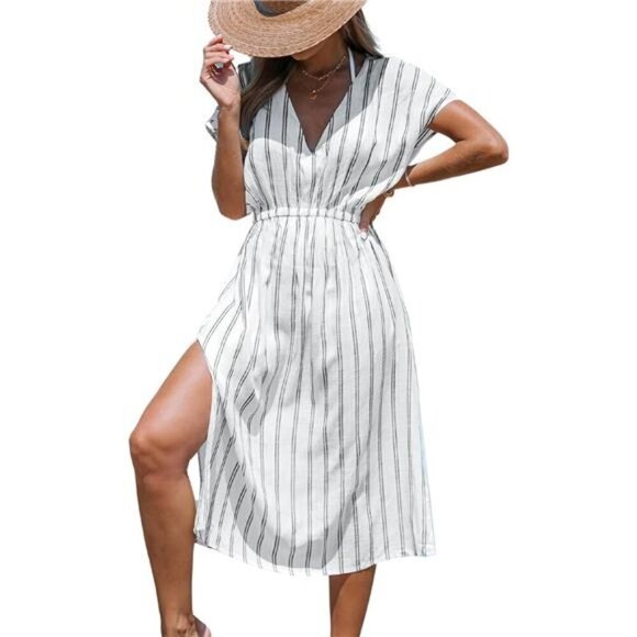 Striped V Neck Midi Dress Cover Up Short Sleeves Casual Beachwear Summer